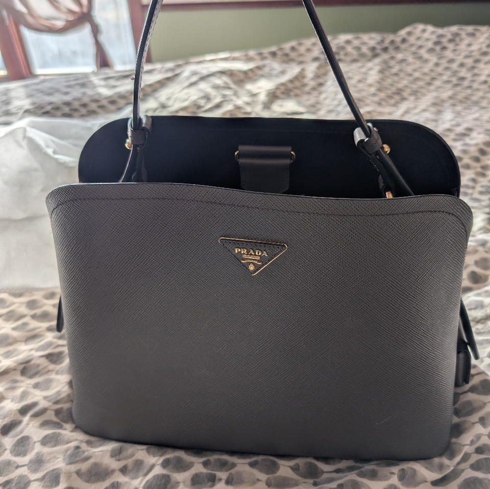 Prada Double Dark Gray Large Leather Shoulder Bag